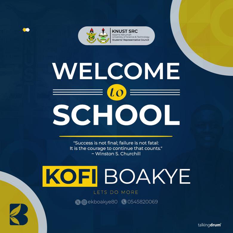 Dr. Apraku (@thekofiboakye) on Twitter photo Dear <a href="/KNUSTGH/">Kwame Nkrumah University of Science and Technology</a> student, you’re warmly warmly welcome to campus. Always remember “Success is not final; Failure is not fatal, It is the courage to continue that counts” - Winston Churchill. Let us all endeavour to do more in all that we do especially our academics.
#KB
#LetsDoMore Dear <a href="/KNUSTGH/">Kwame Nkrumah University of Science and Technology</a> student, you’re warmly warmly welcome to campus. Always remember “Success is not final; Failure is not fatal, It is the courage to continue that counts” - Winston Churchill. Let us all endeavour to do more in all that we do especially our academics.
#KB
#LetsDoMore