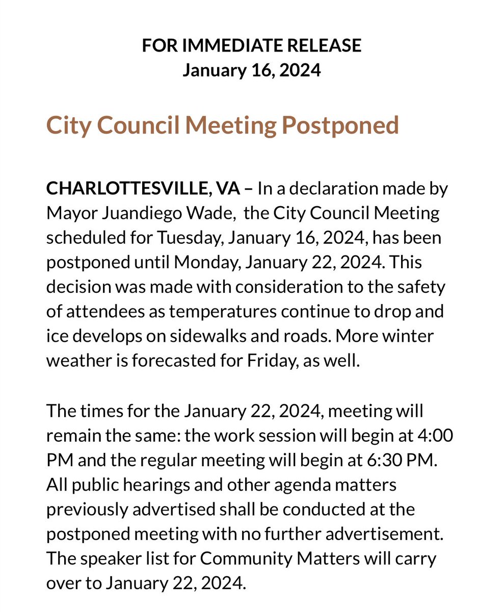 tonight’s charlottesville city council meeting has been postponed out of an abundance of caution as last night’s snow refreezes into ice on roads & sidewalks. tonight’s agenda will be carried over to monday january 22.