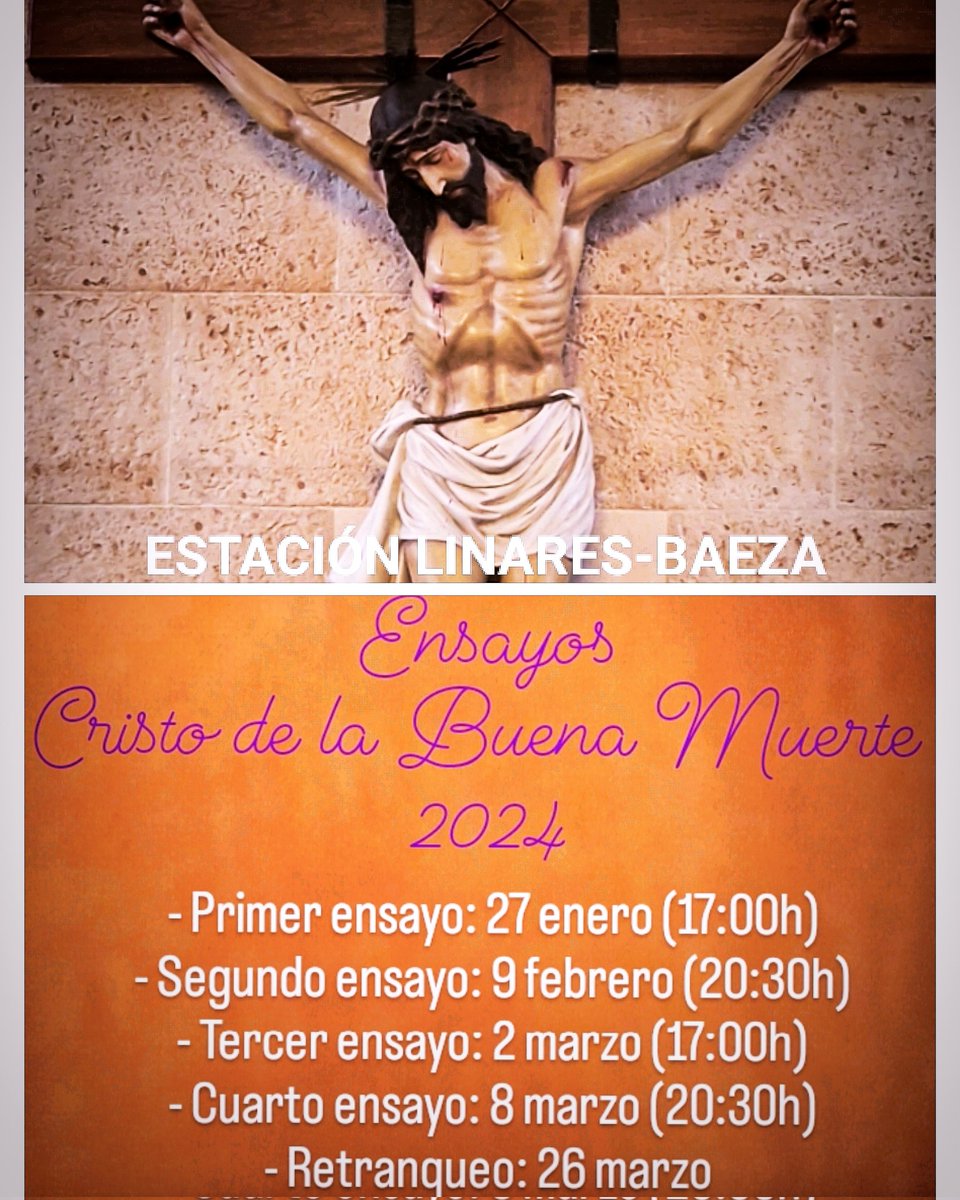 🟣 CALENDARIO ENSAYOS CRISTO DE LA BUENA MUERTE 🟣
#BuenaMuerteEstacion 
#cristodelabuenamuerte 
#EstacionLinaresBaeza 
#semanasantaestacionlinaresbaeza 
#semanasanta2024
<a href="/AgrHHCCLinares/">Agr. HHCC Linares</a>