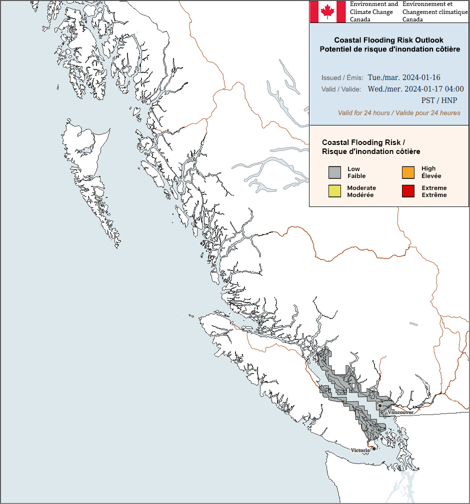 High tide combined with low pressure may produce minor flooding in low-lying areas adjacent to the Strait of Georgia Wednesday at late morning high tide. #bcstorm