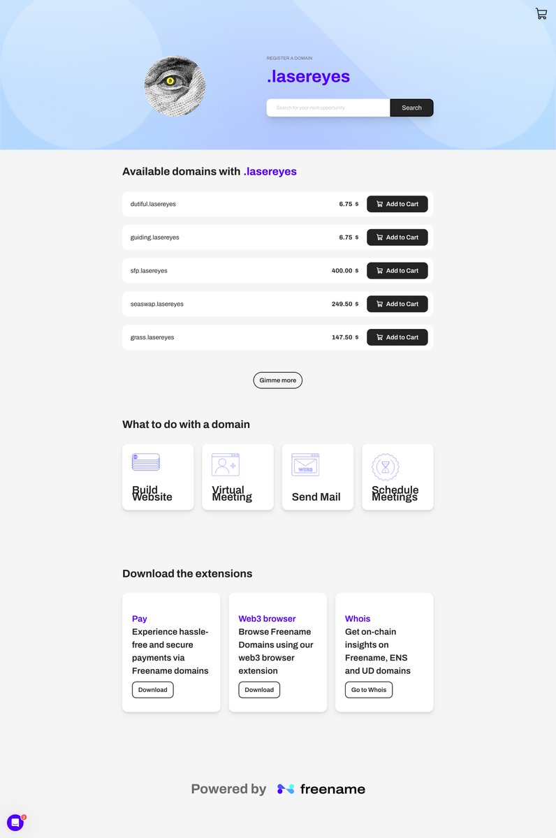 Just dropped! 🚀 Register your own .LaserEyes #web3domain and take 15% OFF through Jan 31st, with promo code LE15OFF. Go to 👉 freename.io/discover/laser… 🔥 Never a renewal fee. Yours forever. <a href="/freenameio/">Freename</a> #web3domains #freename #domains