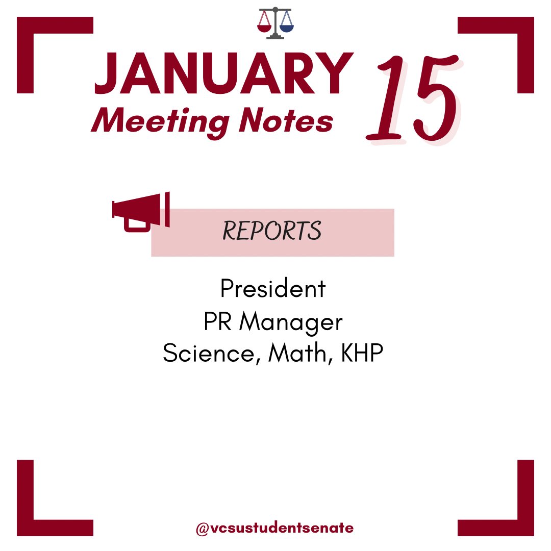 💼 In this week's meeting...  

📷 For more information on these topics, check out the full post on our Instagram!  

#MeetingNotes #StudentSenate #StudentGovernment #VCSUStudentSenate