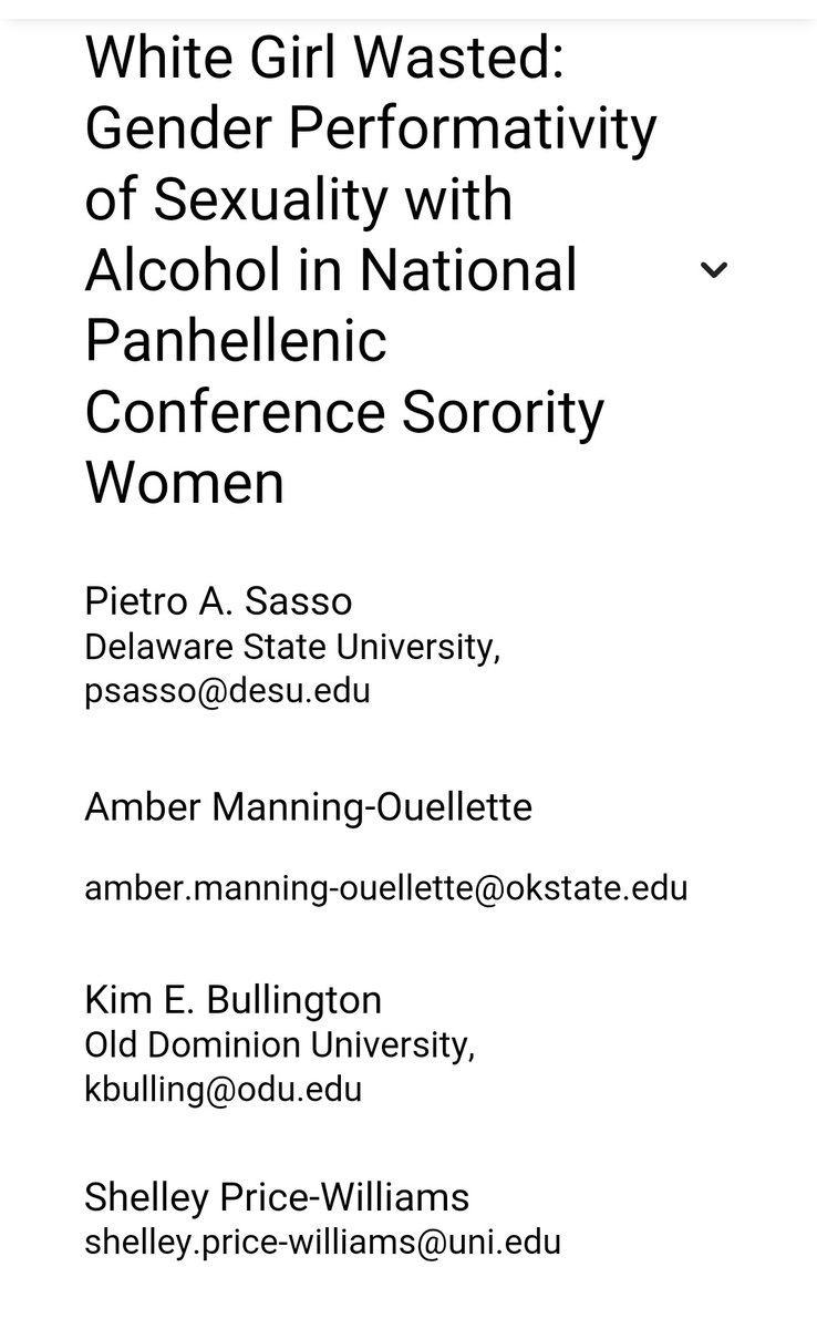 📚📚📚 New Publication 📚📚📚 

"White Girl Wasted: White Girl Wasted: Gender Performativity of Sexuality with Alcohol in National Panhellenic Conference Sorority Women" with <a href="/TheKimBull/">Kim Bullington, Ph.D. 💙🌊</a> <a href="/SPW_PhD/">Shelley Price-Williams PhD</a> @ALMOuellette in Georgia Journal of College Student Affairs.
digitalcommons.georgiasouthern.edu/gcpa/vol40/iss…