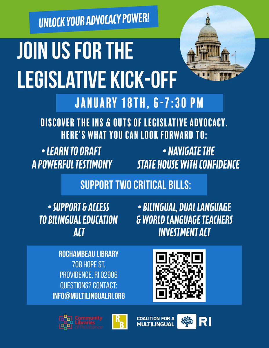 MultilingualRI's tweet photo. This Thursday at @9librariespvd Rochambeau library! Este jueves en la Biblioteca Rochambeau! Unlock your advocacy power by learning how to navigate the state house! Desbloquear su poder de abogacía aprendiendo cómo navegar la casa estatal! https://t.co/zIpxnsqk1A
