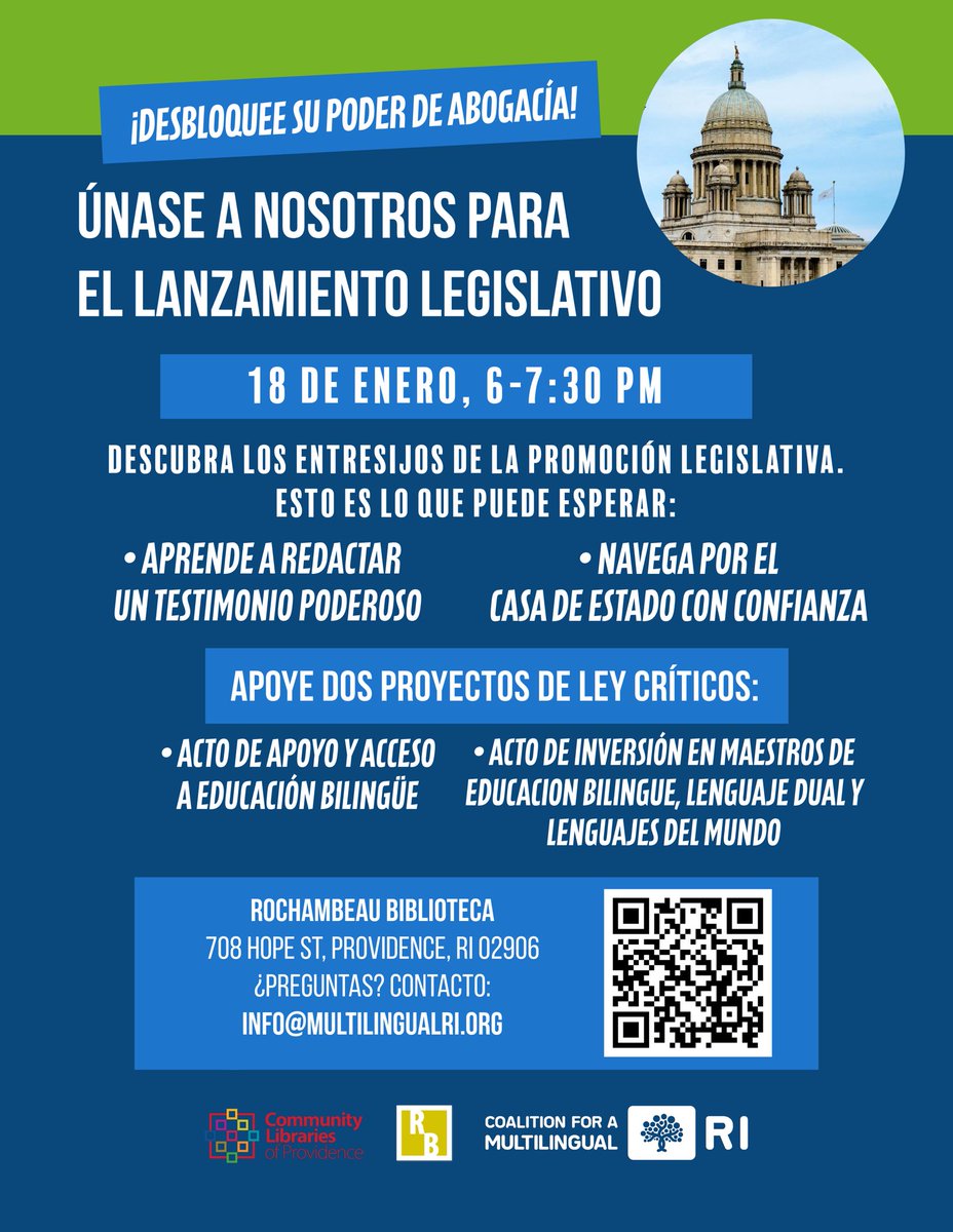 MultilingualRI's tweet photo. This Thursday at @9librariespvd Rochambeau library! Este jueves en la Biblioteca Rochambeau! Unlock your advocacy power by learning how to navigate the state house! Desbloquear su poder de abogacía aprendiendo cómo navegar la casa estatal! https://t.co/zIpxnsqk1A