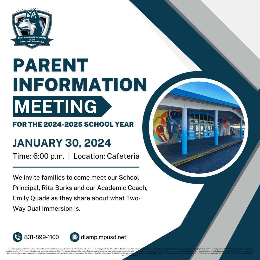DLAMP_lobos's tweet photo. Interested in learning more about Two-Way Dual Immersion? Families interested in enrollment for the 2024-2025 school year are encouraged to attend this informative meeting hosted by Principal Rita Burks and Academic Coach Emily Quade. Join us January 30th at 6:00 p.m. https://t.co/IBS7jGhXCQ
