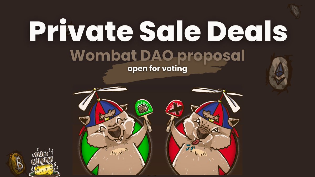 WombaTeam's tweet photo. A stinkin' exciting proposal is live! Clean your burrows for $WPOO, put the $WDAO to work and vote..💩

Vote in favor or against at the snapshot proposal page:  
https://t.co/UbNSvXjgVH… 

🟤The voting ends in two days on the 19th of January. https://t.co/fIkM9Uq6kR