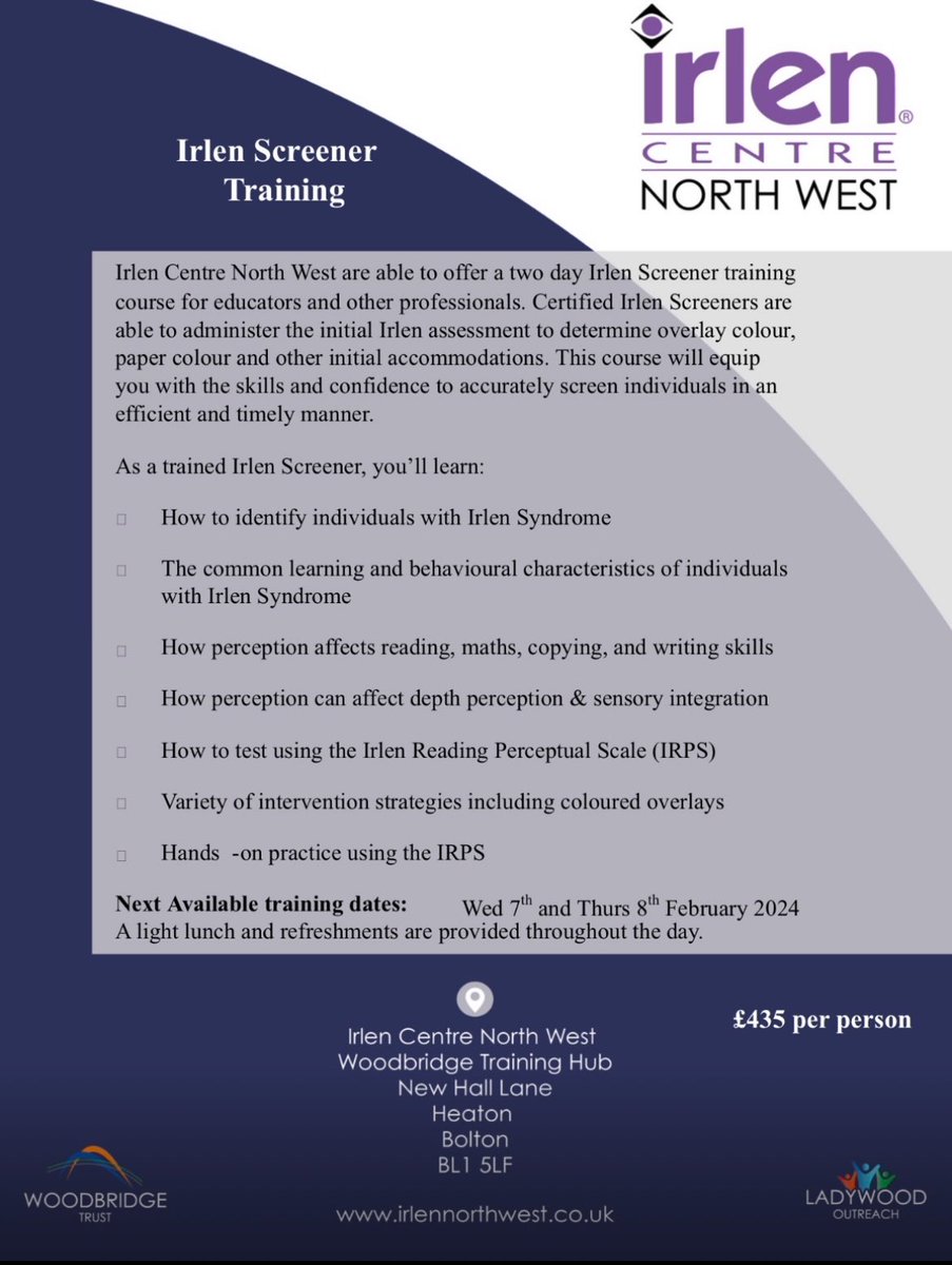 WoodbridgeSEND's tweet photo. Why ask us to screen students for Irlen in your setting when you can train your own staff to do this themselves. A few places remaining on our Irlen screener training course on 7th & 8th Feb in Bolton. #irlenscreenertraining #irlenscreeners #irlenawareness #wearewoodbridge https://t.co/CHOZOYCbhn
