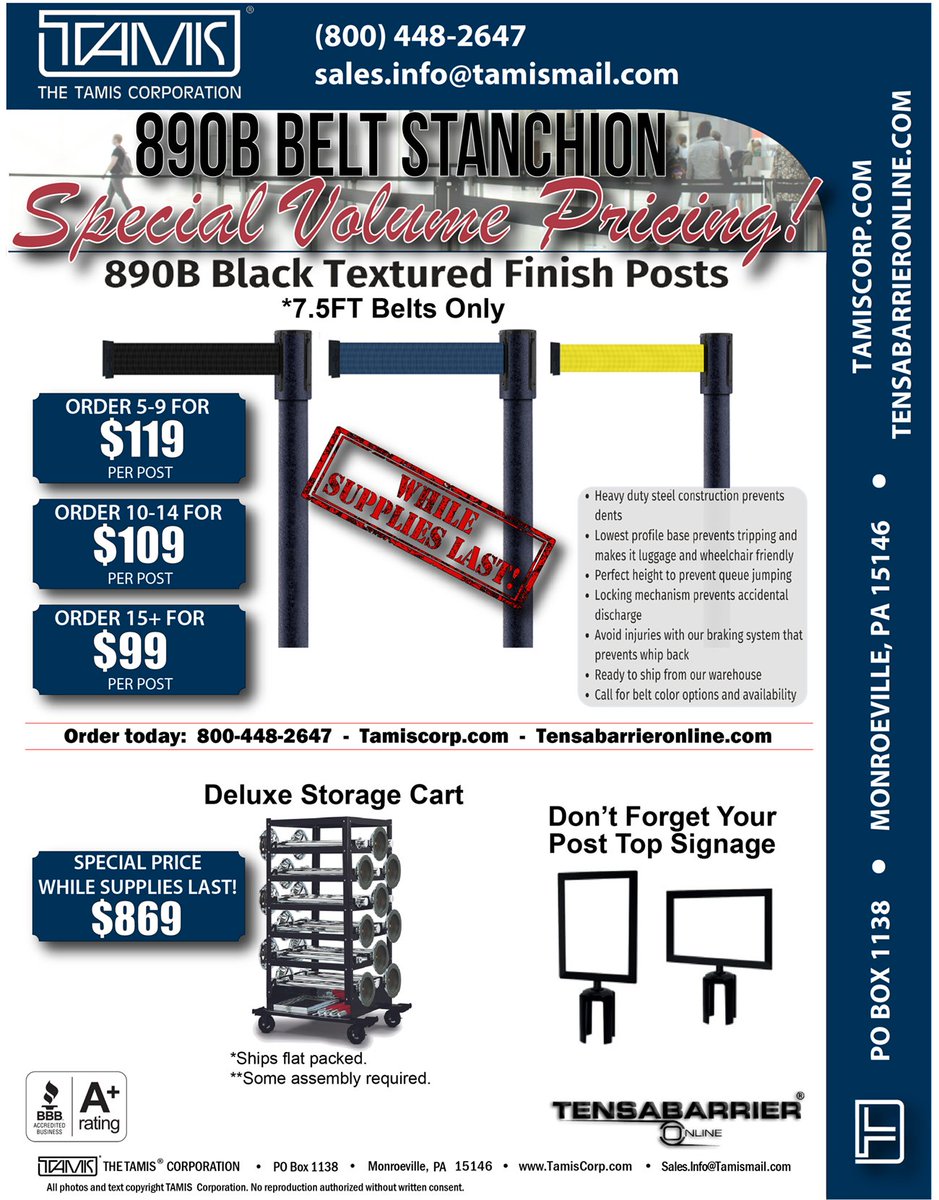 Tamis_Corp's tweet image. 890B TensaBarrier Belt Stanchion Special Volume Pricing!

See 890B stanchion: tensabarrieronline.com/shop/890-sliml…

See deluxe storage cart: tensabarrieronline.com/shop/stanchion…

#tensator #tensabarrier #beltstanchion #crowdcontrol #crowdmanagement #queuemanagement #queueing #eventmanagement #lobbydesign