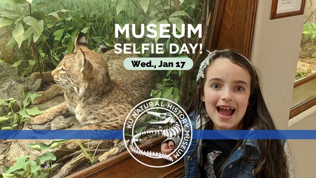 kunhm's tweet photo. Come warm up at the museum tomorrow, Jan. 17, for national #MuseumSelfieDay! We’ll have special selfie-stations set up throughout the galleries. Take a photo with Charles Darwin, pose with a water bear, or see if you can smile as wide as a T. rex! Then share your pics w/ #KUNHM! https://t.co/T14s2Hb3r6