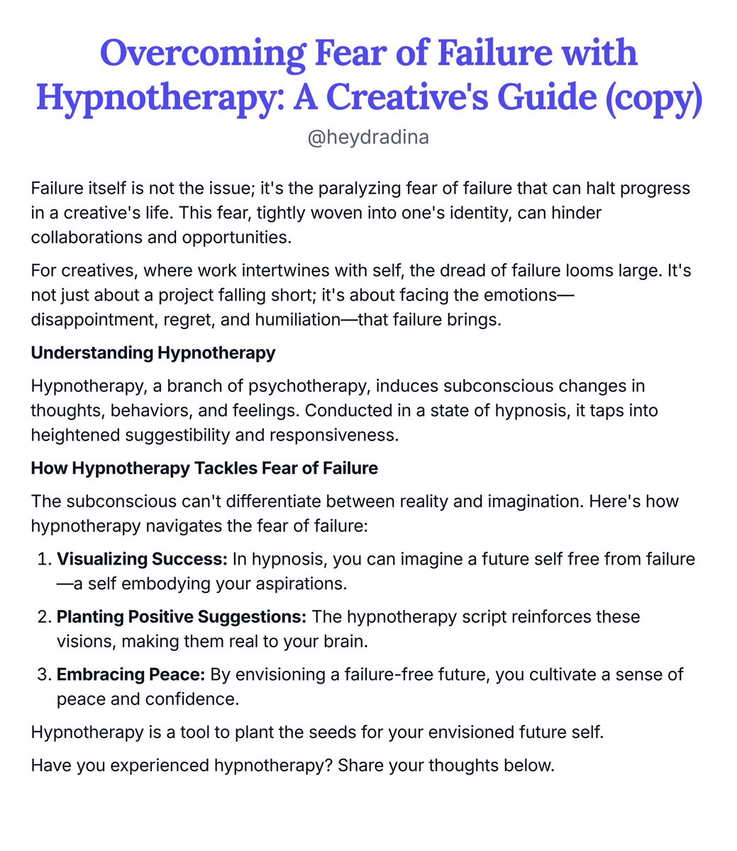 Overcoming Fear of Failure with Hypnotherapy: A Creative's Guide Failure itself is not the issue; it's the paralyzing fear of failure that can halt progress in a creative's life. #hypnotherapy #rapidchange #creatives