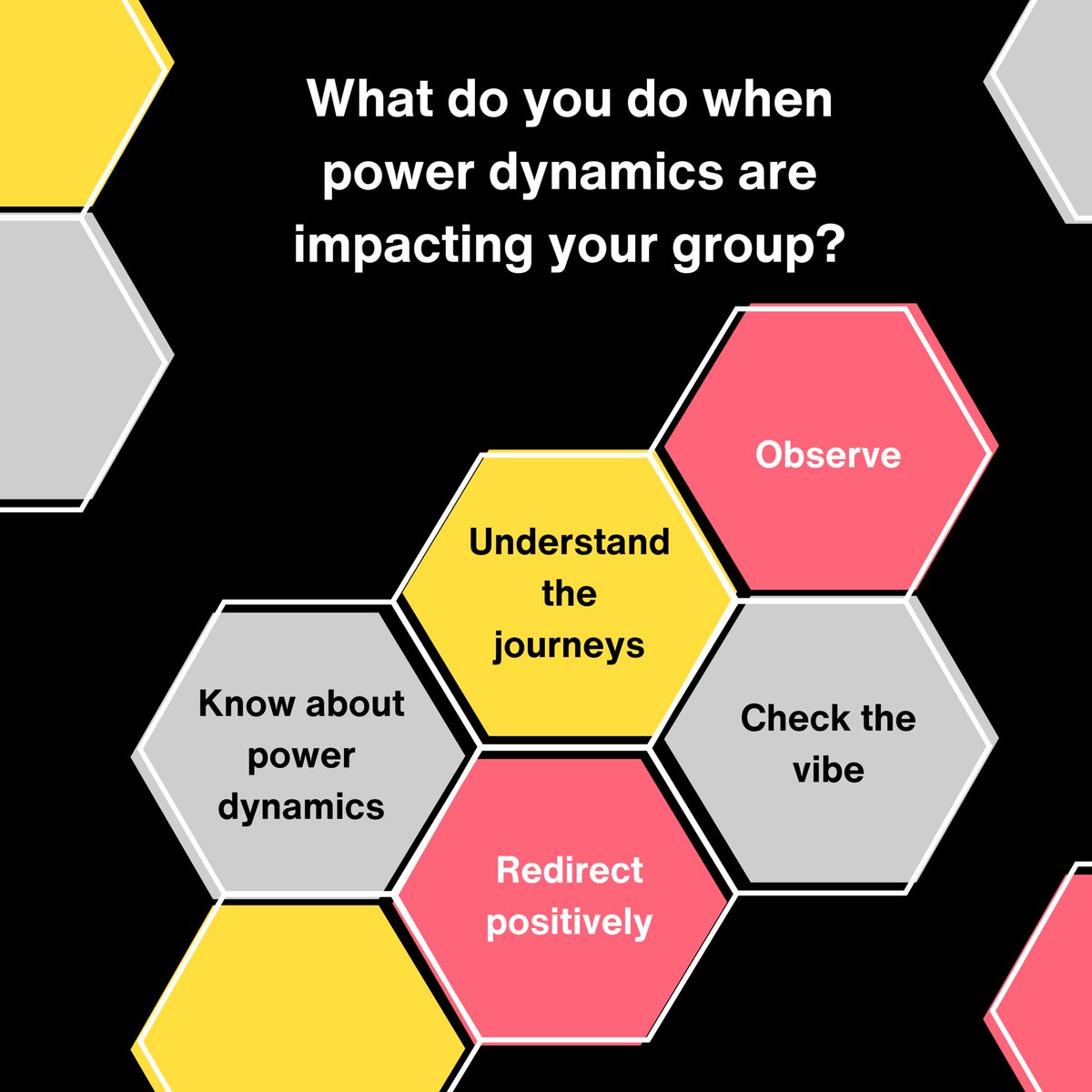 metonomy1's tweet photo. If your meetings are impacted by power dynamics here some things YOU can do!

1) Observe 👀 

2) Understand the journeys 👥 
Listen to people’s stories

3) Check the vibe 🤝 
Be aware of where the energy is

4) Be knowledgeable on power dynamics📚 

5) Reframe positively 💌 https://t.co/Wl2JAoTCZK