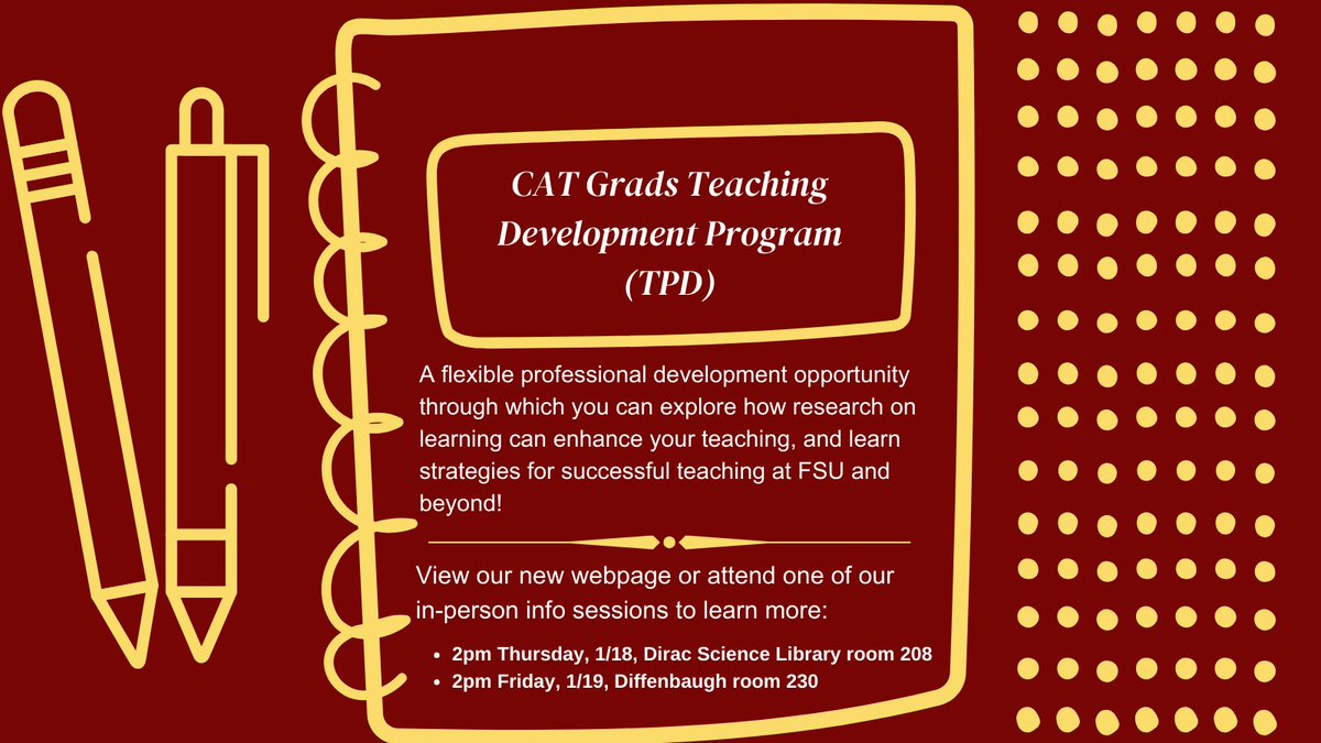 The Center for the Advancement of Teaching is now offering a multi-semester Teaching Development Program (TDP) for graduate students! 
More information about the program: teaching.fsu.edu/teaching-devel…
Link to register to attend either info session: forms.office.com/Pages/Response…