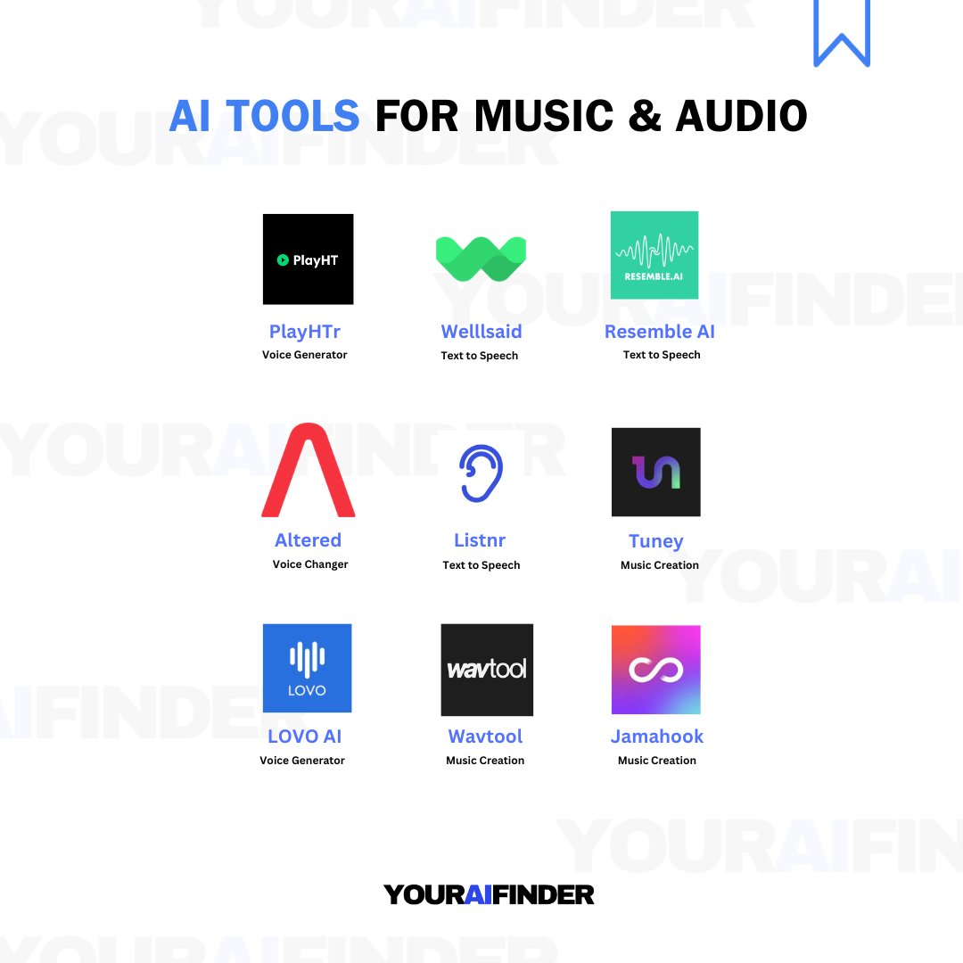 youraifinder's tweet photo. AI tools for Audio and Music to try out for yourself! Save for later๐ฉ๐ถ
#audio #music #sound #art #audiovideo #texttospeech #ai #aitools #soundengineering #voicegenerator #entrepreneurs #digitalnomad #marketing https://t.co/0T11cSIlZd