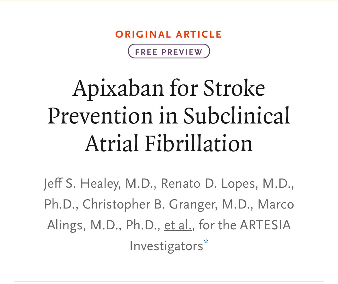 BakhshiHooman's tweet photo. ￼#CardioTwitter
- 4012 patients with subclinical a fib lasting 6 min to 24 hours. 
-36.1% female 
-Randomized to apixaban or aspirin 81 mg
-Mean f/up of 3.5±1.8 y
- Apixaban⏭️ ⬇️risk of stroke or systemic embolism  but a⬆️ risk of major bleeding. 
@NEJM @RichardAFerraro https://t.co/VwLnQZvNBF