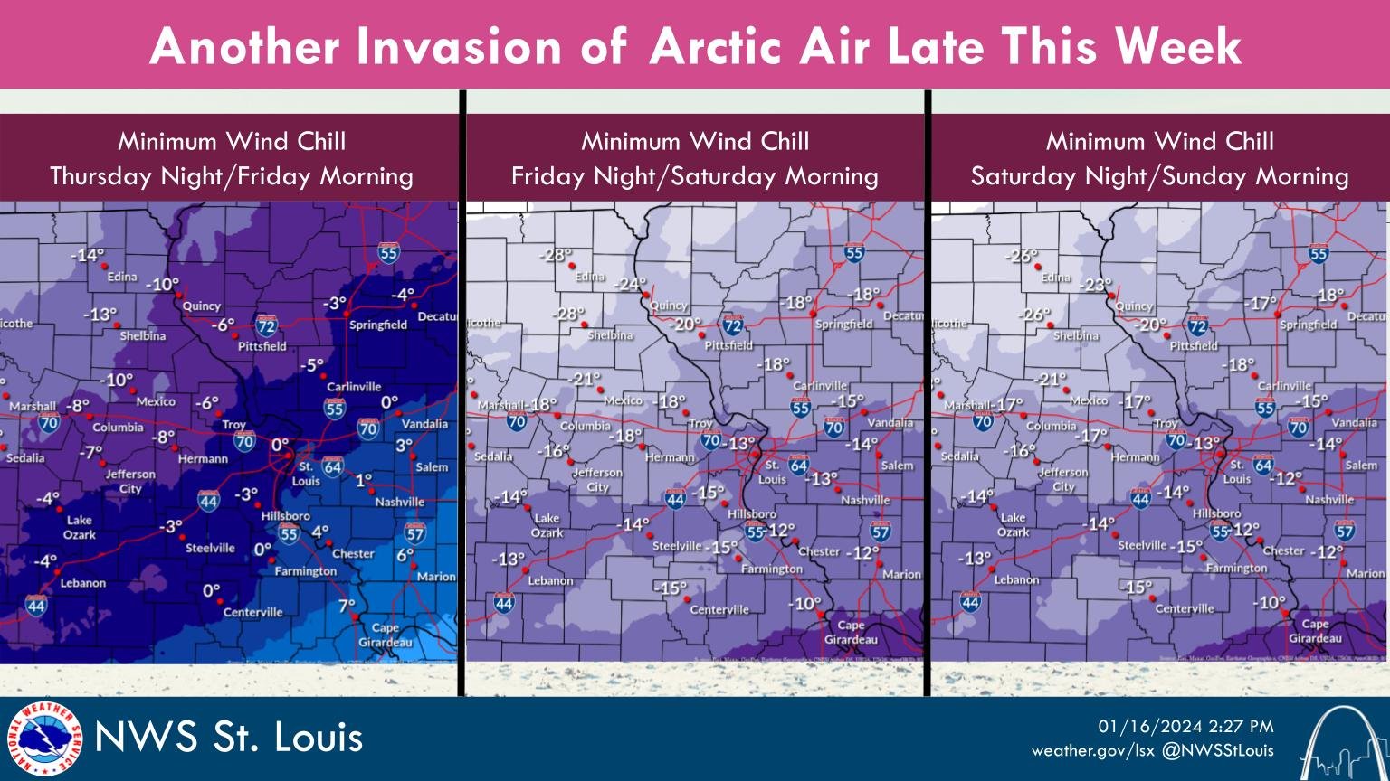 NWS St. Louis on X: "The "warm" weather of WED-early THU will not last  unfortunately. Arctic air returns THU night and continues into SUN AM.  Dangerous wind chills expected again each night,