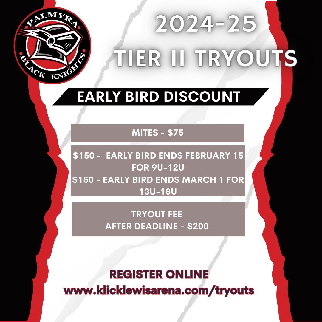 🏒Registration for Palmyra Black Knights Tier 2 2024-2025 Tryouts are OPEN!!

twinponds.com/tryouts