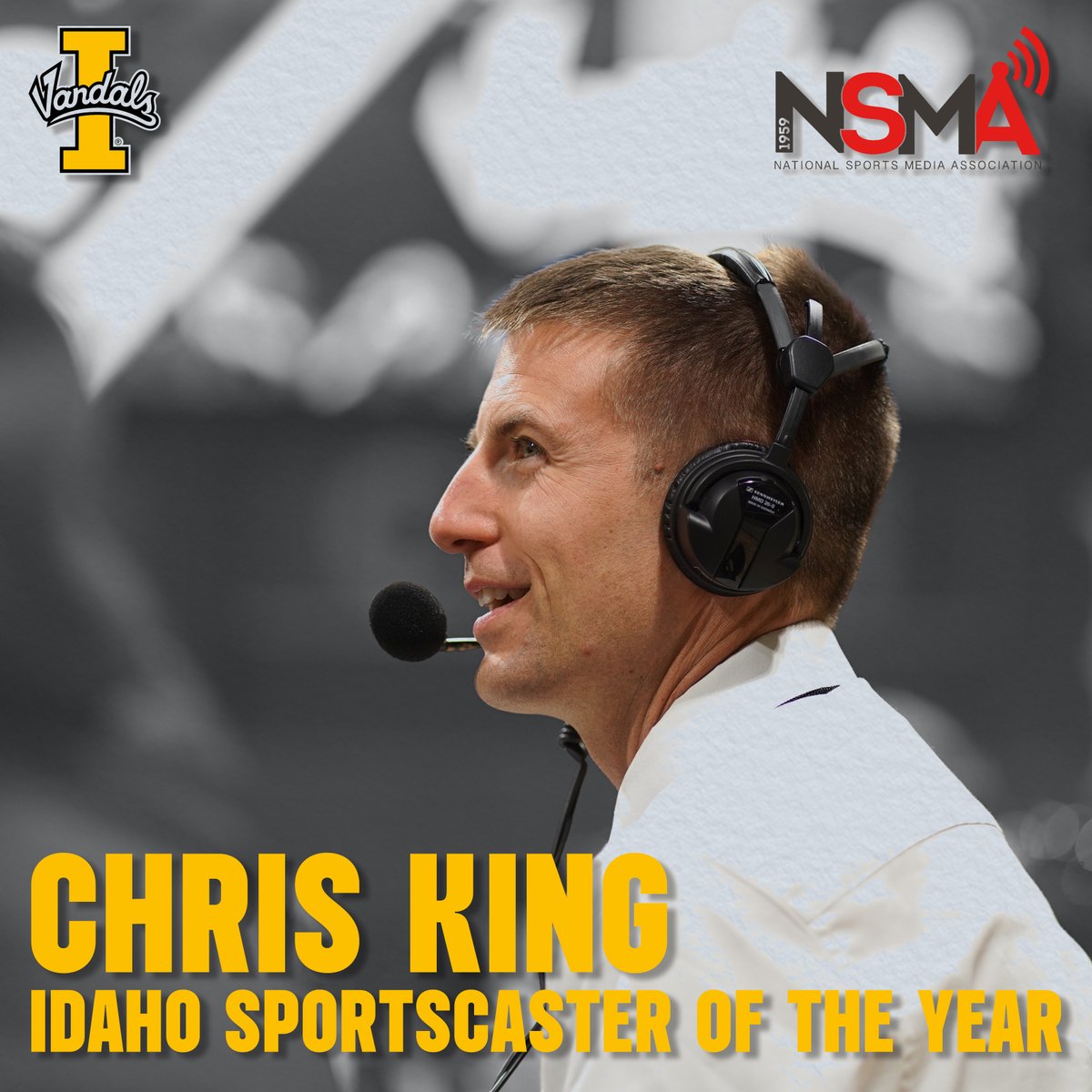 Idaho_Vandals's tweet photo. Congrats to the Voice of the Vandals, @ChrisKingSports on earning @NSMASportsMedia Idaho Broadcaster of the Year honors! Proud to have you on the headset for the Vandals!

#GoVandals https://t.co/kWg9zKhEz6