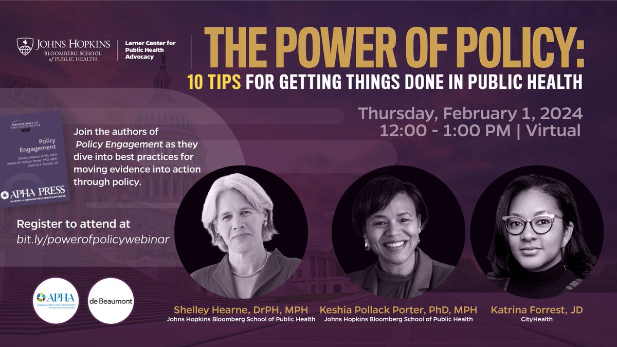 Calling all public health professionals📢 Join @ShelleyHearne, @DR_KMP and @KatrinaForrest8 virtually on 2/1 as they dive into best practices for moving evidence into action through policy. Register now: bit.ly/powerofpolicyw… @deBeaumontFndtn @PublicHealth