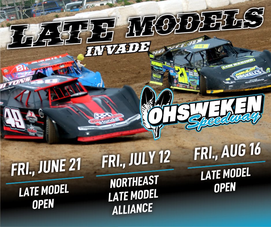 OhswekenSpdway's tweet image. We are pleased to welcome the always exciting Late Models back to Ohsweken Speedway three times in 2024!  

Ohsweken Speedway 2024 Late Model Dates:
Friday June 21 - Late Model Open
Friday July 12 - NLMA
Friday August 16 - Late Model Open

#OhswekenSpdway #LateModels #Racing 🏁🏁