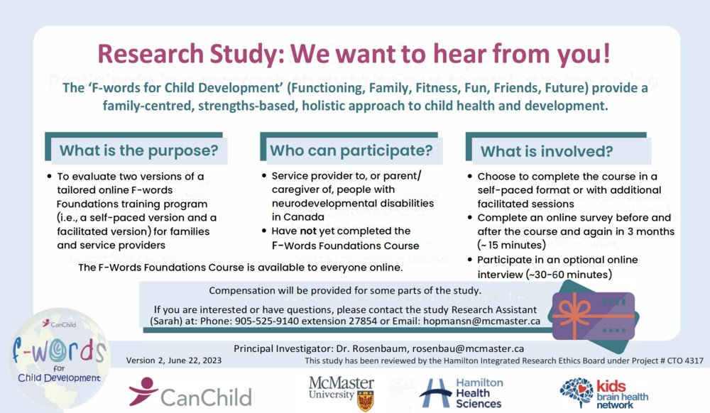 Are you a service provider to, or a #CareGiver of, someone with a #Developmental concern in Canada? Join the #FWords Foundations Course study! ➡️canchild.ca/en/research-in… @canchild_ca, @McMasterU, @HamHealthSci, @KidsBrainHealth