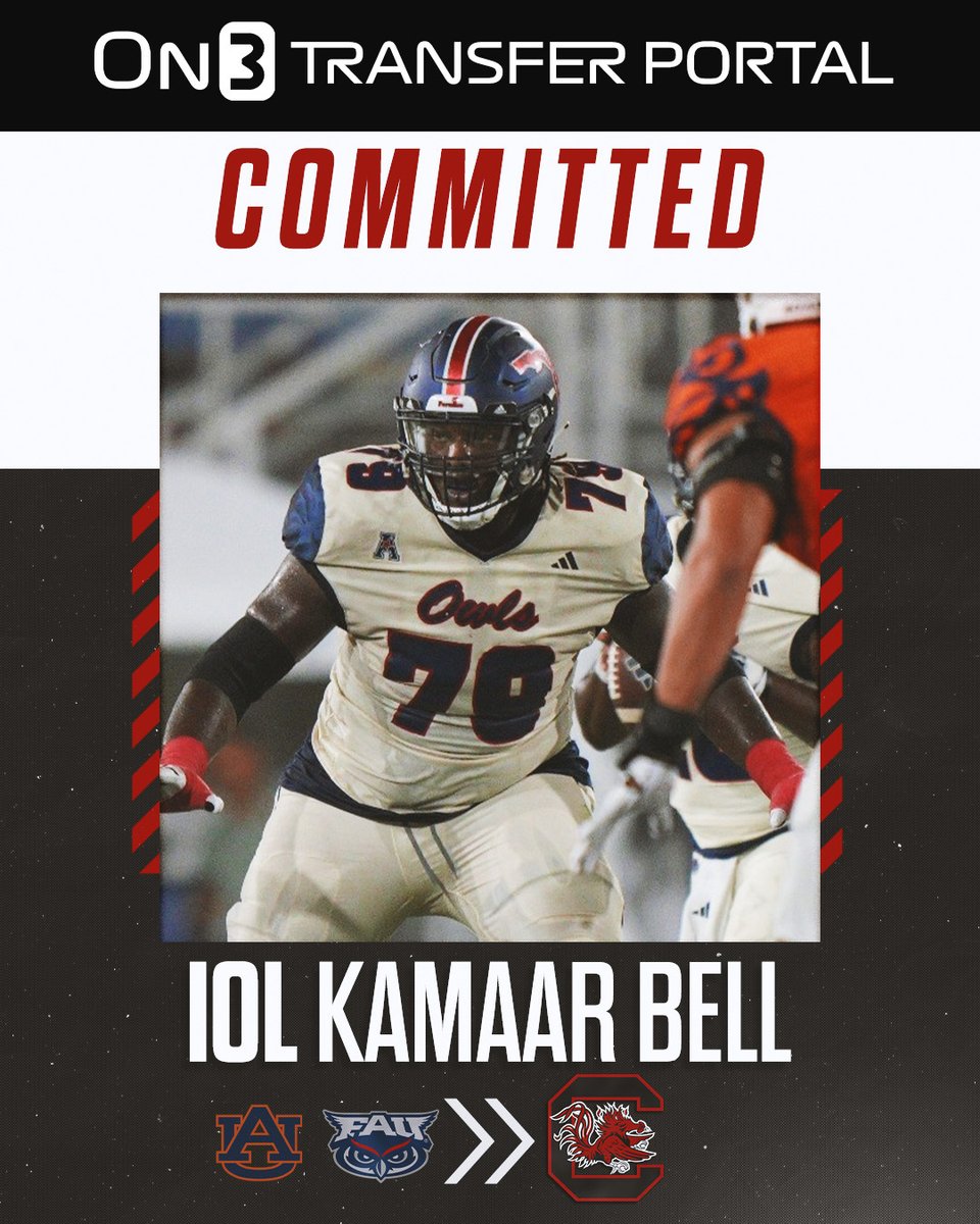 🚨BREAKING🚨 Florida Atlantic transfer portal offensive lineman Kamaar Bell has committed to South Carolina! 🤙 @BKamaar Read here ➡️ on3.com/teams/south-ca…