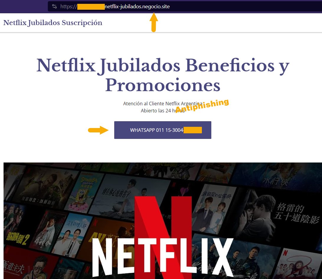 CUIDADO: si te ofrecen descuentos de Netflix (u otro) para jubilados, son FALSOS.
Es un engaño estúpido en donde lamentablemente muchos caen.
El sitio ".SITE" (de Google) ya debería ser indicador suficiente de ESTAFA y bloqueado por defecto.