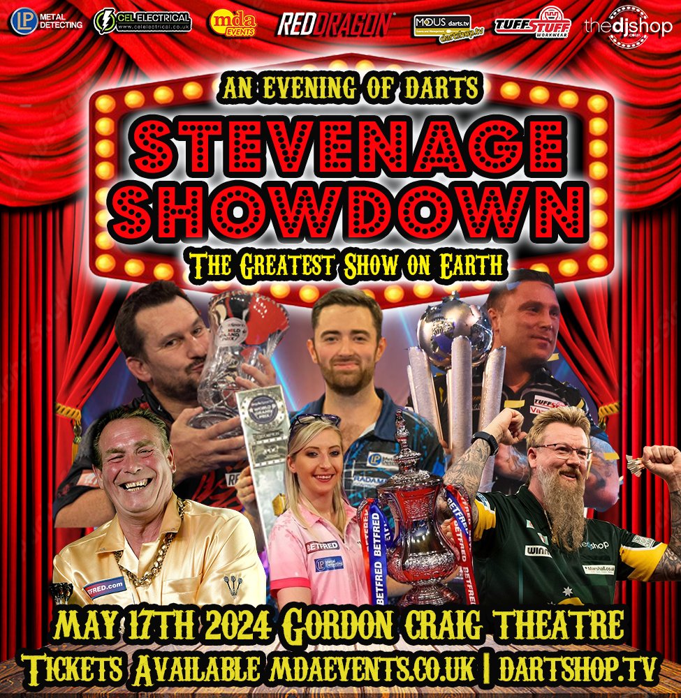 Showdown with the new World Champion 🎪 The Greatest Show on Earth is heading to The Gordon Craig Theatre this May Featuring the new WORLD CHAMPION @lukeh180 🏆 @Gezzyprice ❄️ @JonnyClay9 🏴󠁧󠁢󠁷󠁬󠁳󠁿 @Fsherrock 👸🏼 @SWhitlock180 🧙🏻‍♂️ @BobbyGeorge180 👑 Book Now 🎟️ dartshop.tv/stevenage-show…