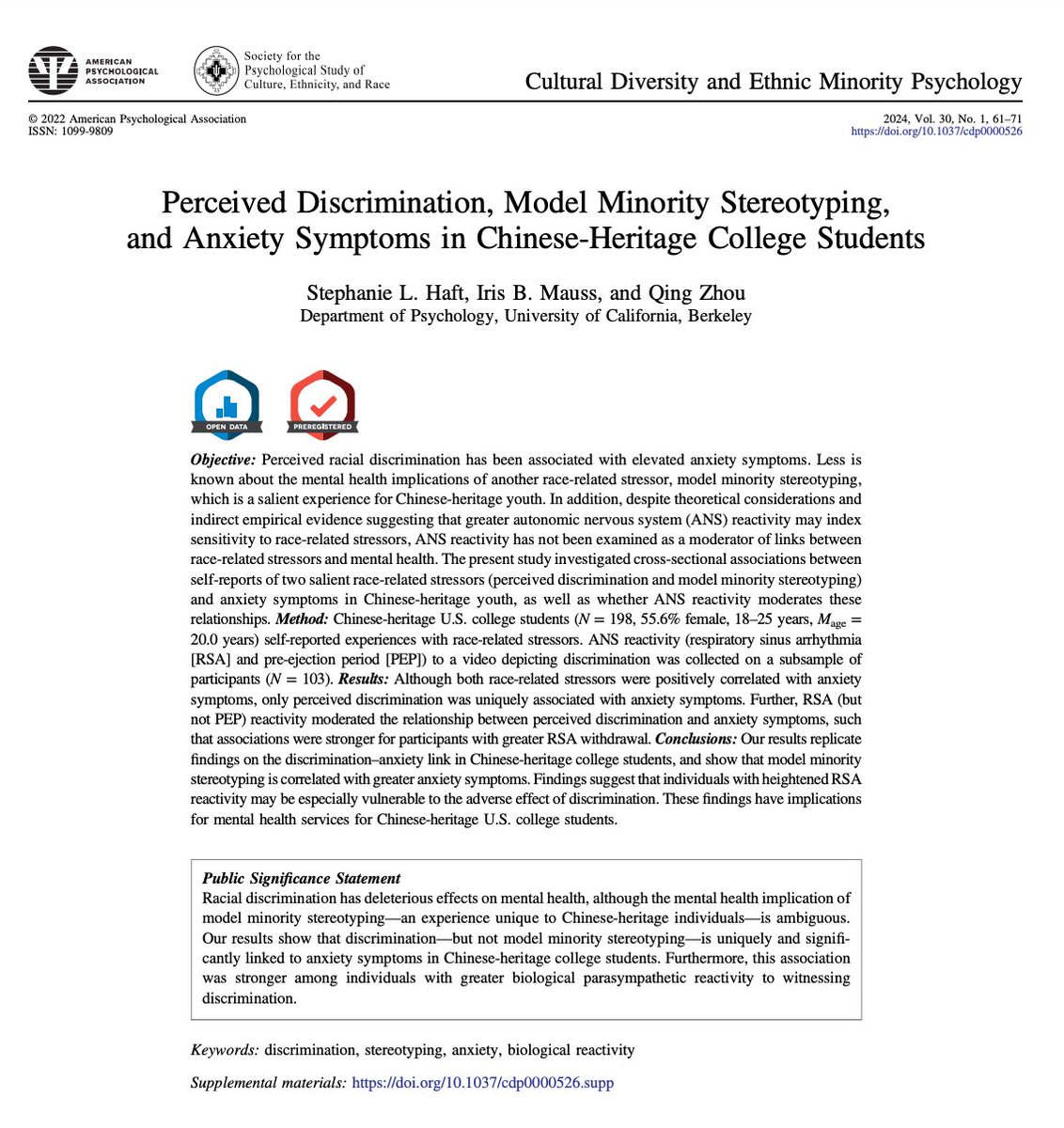 <a href="/stephanie_haft/">Stephanie Haft</a>, <a href="/IrisMauss/">Iris Mauss</a>, and Qing Zhou found perceived racial discrimination and model minority stereotyping are linked to greater anxiety symptoms in Chinese-heritage college students, with higher ANS reactivity raising vulnerability @APA_journals
psycnet.apa.org/record/2022-34…