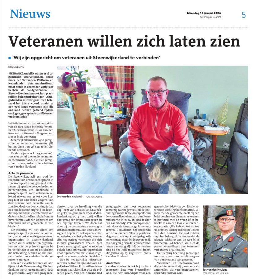 Mooi artikel in de Steenwijker Courant over de Stichting Veteranen Steenwijkerland!
#veteranensteenwijkerland <a href="/SteenwkrCourant/">Steenwijker Courant</a> <a href="/Steenwijkerland/">Steenwijkerland</a> <a href="/VeteranenP/">Veteranen Platform</a>