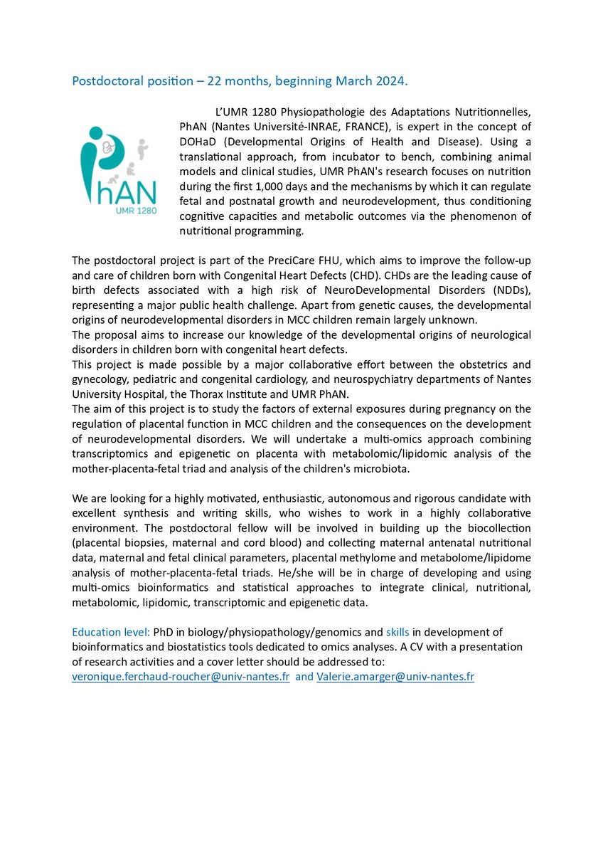 Postdoctoral position in the UMR 1280 PhAN (Physiopathology of nutritional adaptations) at Nantes University-INRAE, FRANCE - beginning March 2024. For more information, please see: