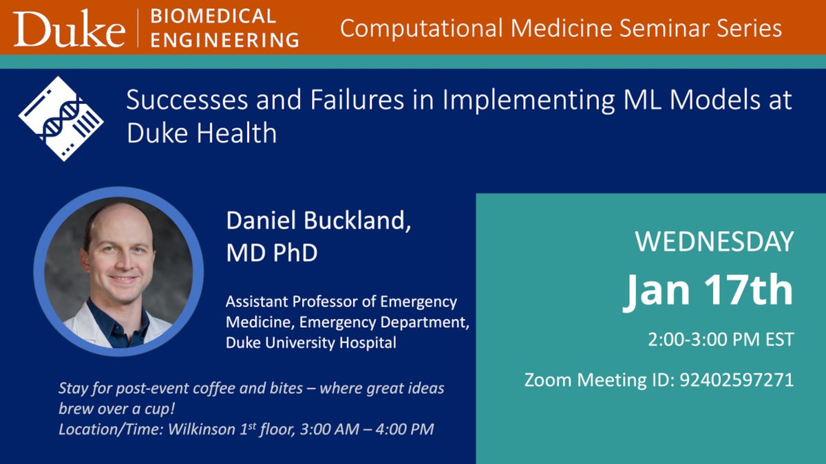 Interested in using #ML for health applications? Join us for the first @DukeEngineering Virtual Computational Medicine Seminar of the semester Wednesday at 2pm EST.  For those at Duke, meet the speaker at the Coffee Hour after. 
#computationalmedicine #aiforgood #MachineLearning