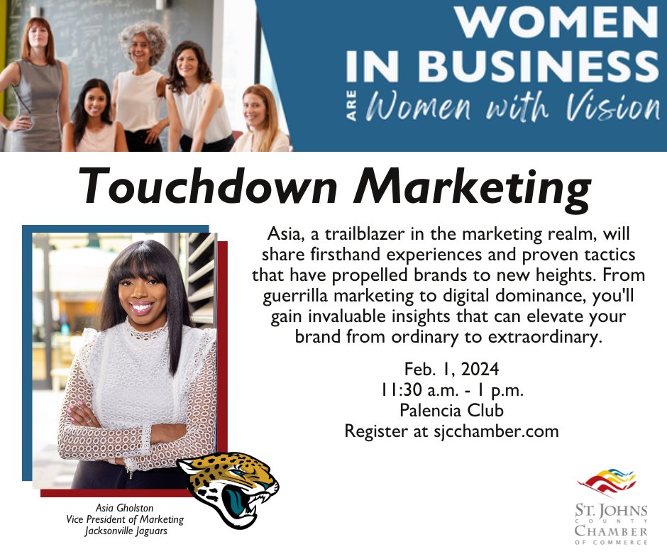 yoursjcchamber's tweet photo. Asia Gholston, a trailblazer in the marketing realm, will share firsthand experiences and proven tactics that have propelled brands to new heights. 

Register today! https://t.co/yYs9Eecmo9 https://t.co/tqmp2IrI20