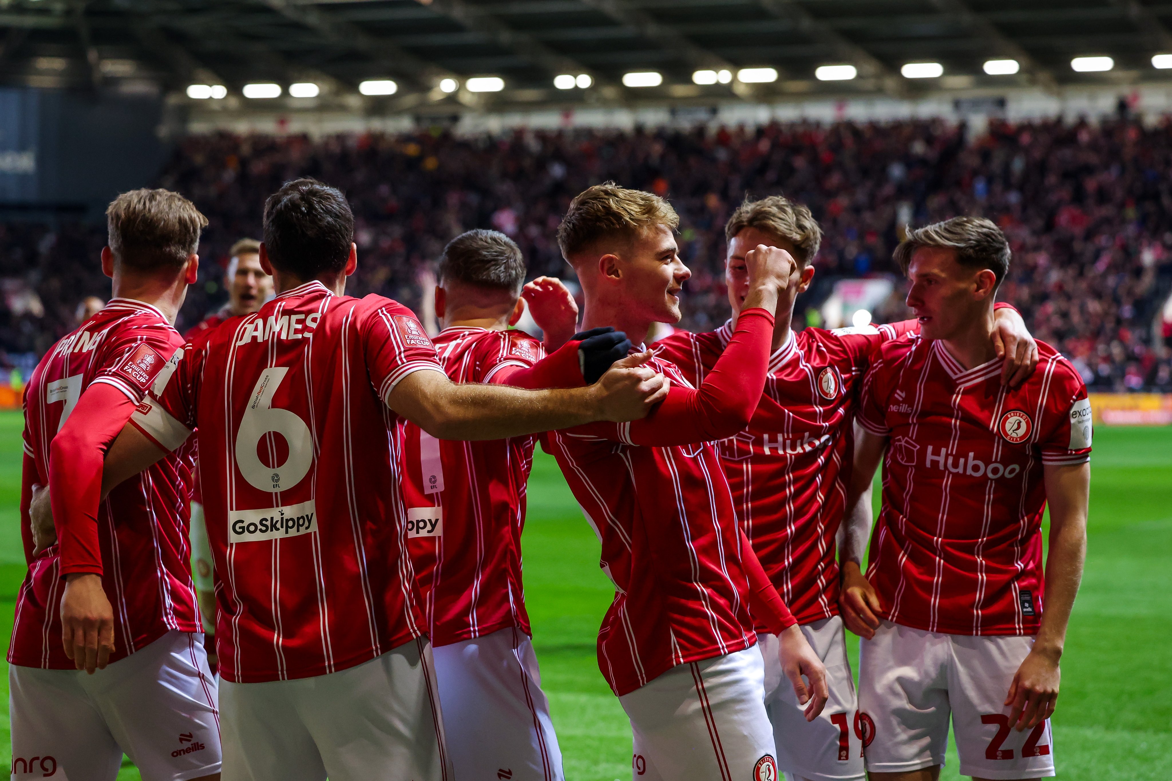 Tommy Conway celebrates a goal against West Ham United for Bristol City at Ashton Gate.