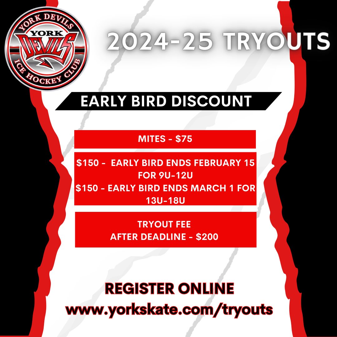🏒Registration for York Devils 2024-2025 Tryouts are OPEN!!

yorkskate.com/tryouts