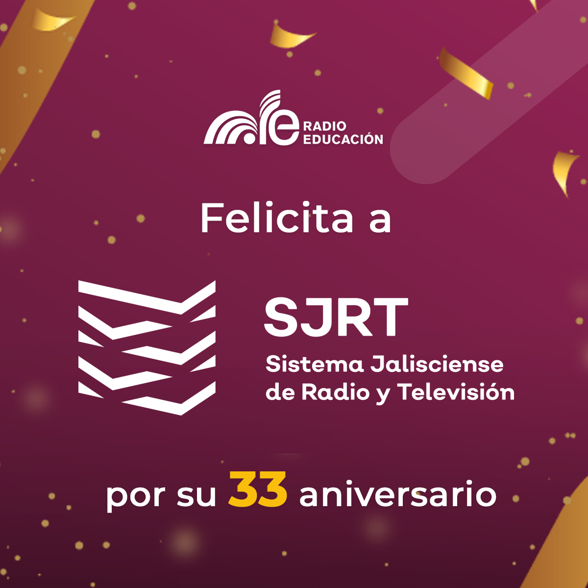 RadioEducacion's tweet photo. Felicitamos al #SJRT, @JaliscoTV y @JaliscoRadio por su 33 aniversario 🎉

Más de tres décadas de difundir la riqueza cultural y artística de #Jalisco a través de una radio y televisión pública comprometida 📻📺

¡Enhorabuena! https://t.co/31pAAPDjYG