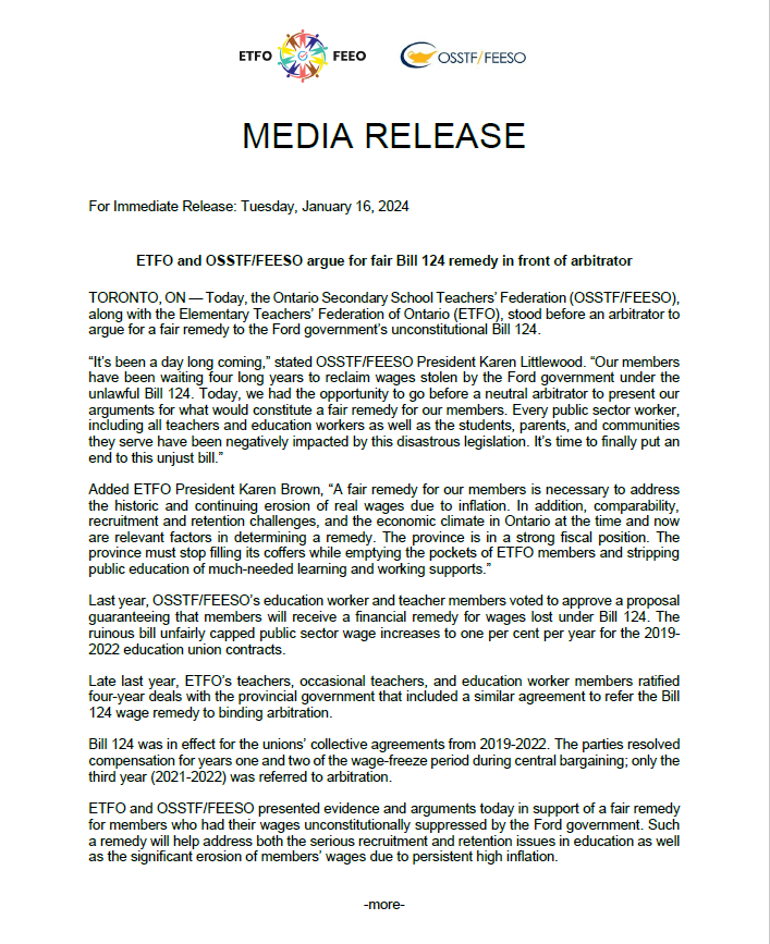 osstf's tweet image. MEDIA RELEASE: #OSSTF &amp;amp; @ETFOeducators stood before an arbitrator today to argue a fair remedy to Ford&apos;s disastrous #Bill124. 

“Our members have been waiting 4 long yrs to reclaim wages stolen by the Ford gov under the unlawful Bill 124&quot; - President @karenosstf 

#OntEd #OnPoli