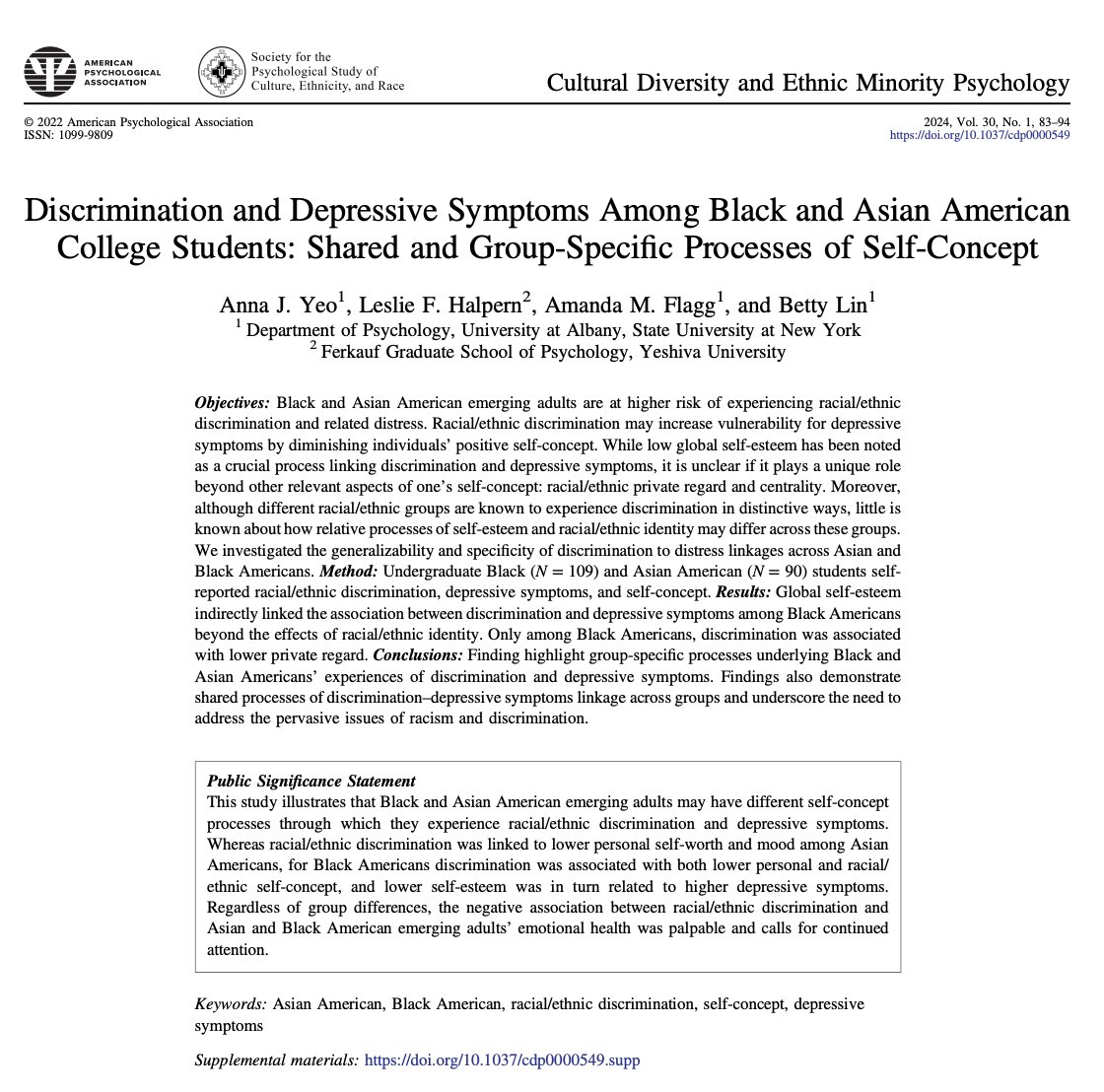 prof_suyeongkim's tweet photo. @AnneJoyful, Leslie F. Halpern, @AmandaMFlagg, and @drbettylin studied the group differences and associations between discrimination and related distress for Black and Asian American college students @APA_journals
https://t.co/QE9ucqSAlG https://t.co/nml6Ct5qkK