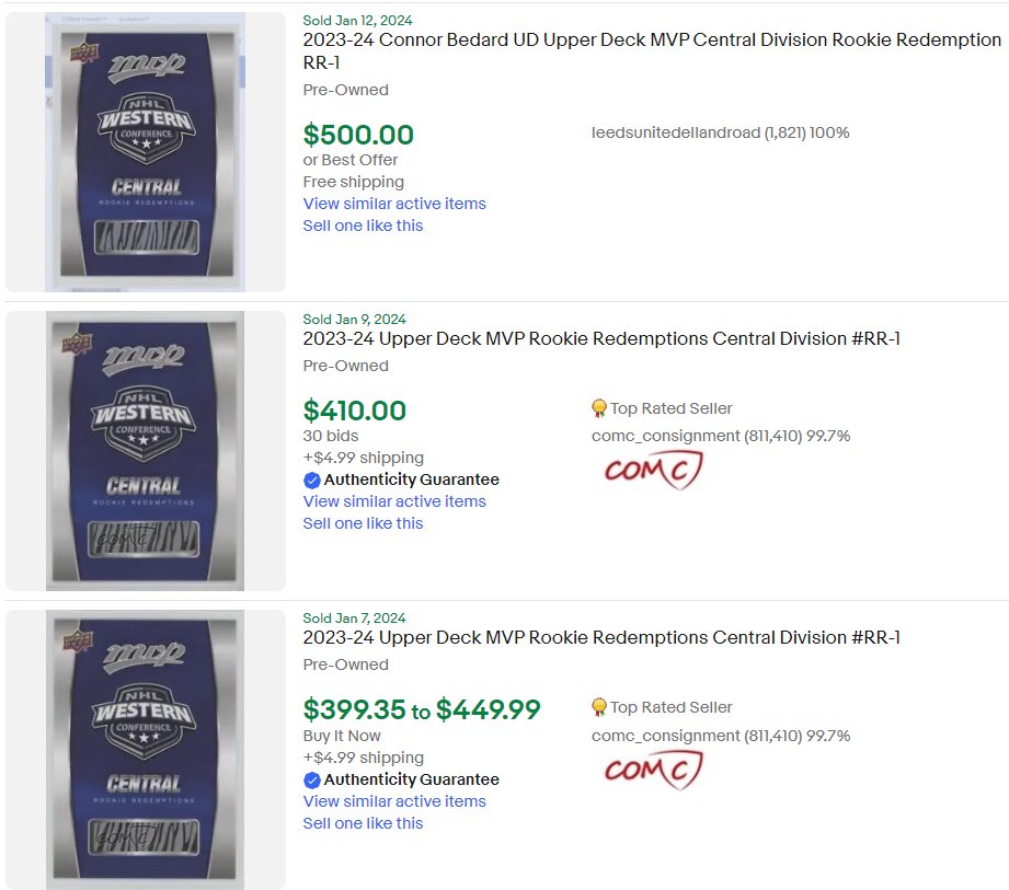 HolmbergsCorner's tweet photo. I have a headscratcher for you and all your followers @CardPurchaser , why buy a 23-24 MVP Rookie Redemption Central RR-1 for $100 more than the cheapest one? Because of resale on ebay, not wanting to deal with COMC, market markup or something else? https://t.co/xHVVt4hr50