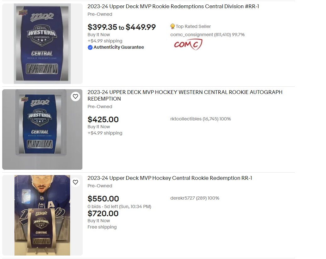 HolmbergsCorner's tweet photo. I have a headscratcher for you and all your followers @CardPurchaser , why buy a 23-24 MVP Rookie Redemption Central RR-1 for $100 more than the cheapest one? Because of resale on ebay, not wanting to deal with COMC, market markup or something else? https://t.co/xHVVt4hr50