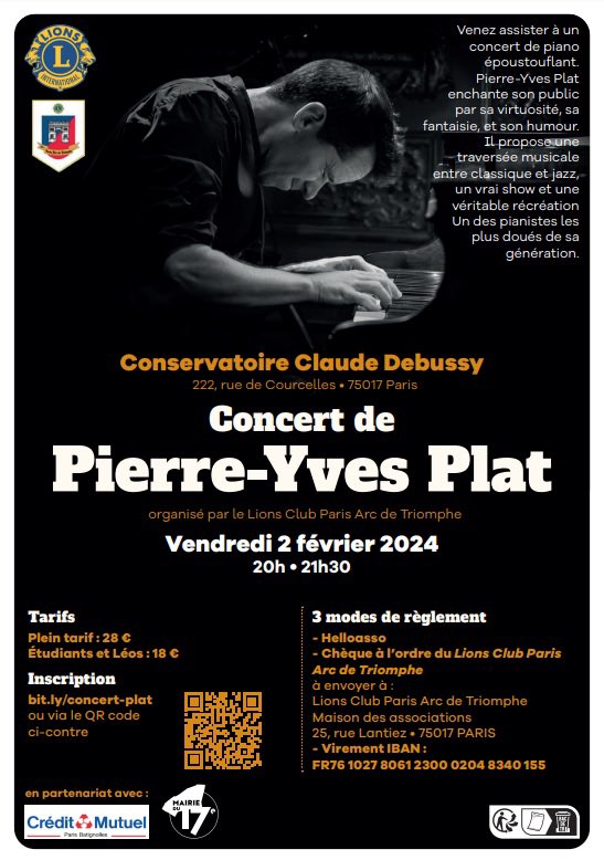 LedranCh's tweet photo. 🎹 Le @LionsClubsParis #ArcdeTriomphe organise au profit de la lutte contre la cécité un formidable concert-show de Pierre-Yves Plat, pianiste surdoué, au Conservatoire Claude Debussy #Paris17 #Champerret
📆Vendredi 2 février
👉🏻 Inscription: https://t.co/2VyLvXOvVa
@GuerrePhil https://t.co/fGcaX0fTfJ