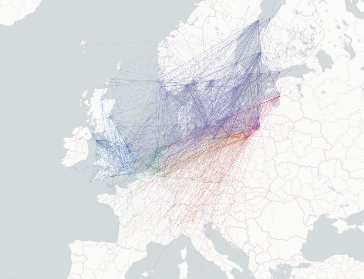 Some idea of the scale of Goldcrest movements across Europe can be see by exploring the online Eurasian African Bird Migration Atlas. Each of these lines reveals the movement of a Goldcrest. migrationatlas.org/node/1837#sect…