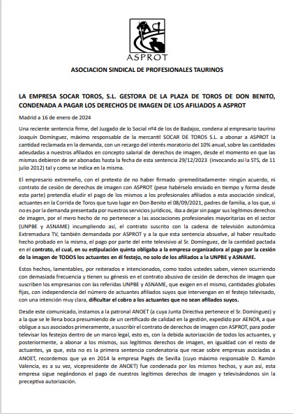 ASPROT_'s tweet photo. Nueva sentencia firme estimatoria para Asprot Comunicación que condena a pagar a SOCAR TOROS, S.L. los derechos de imagen de nuestros afiliados actuantes en D. Benito el 08/09/2021. La justicia tarda pero llega. Aquí nuestro comunicado al respecto👇 https://t.co/euA088FCEu