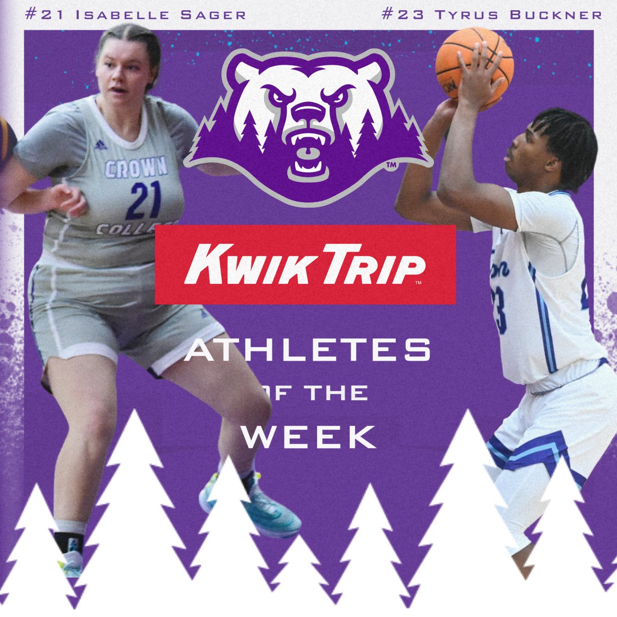 @kwiktrip Athletes of the week! @crownwbb Isabelle Sager averaged 12.5 ppg and 13rpg in two contests last week. @crowncollegembb Tyrus Buckner averaged 20.5 ppg and 10rpg in two contests as well! #GoPolars | #hoops