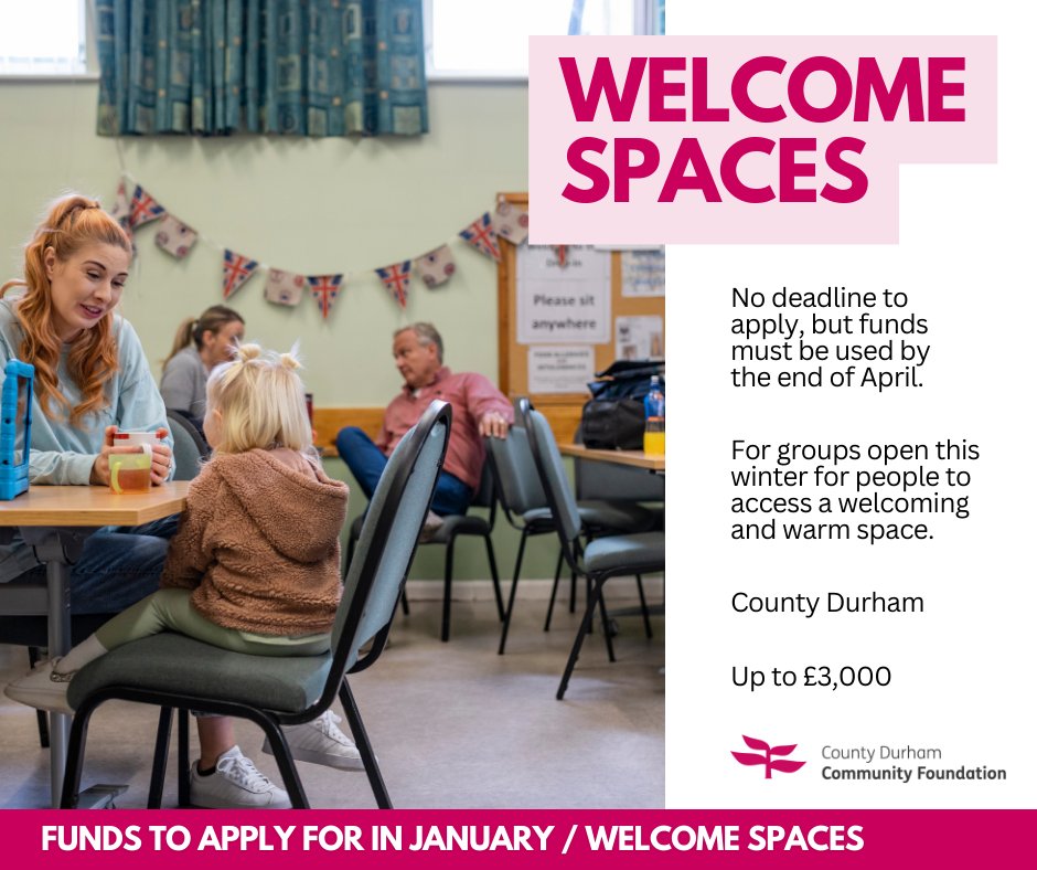 For community groups with spaces available, you can apply for up to £3,000 this winter so that more people can access a warm and welcoming space in County Durham. Find out more on our website about how to apply for the Welcome Spaces fund: bit.ly/4b0lTIq