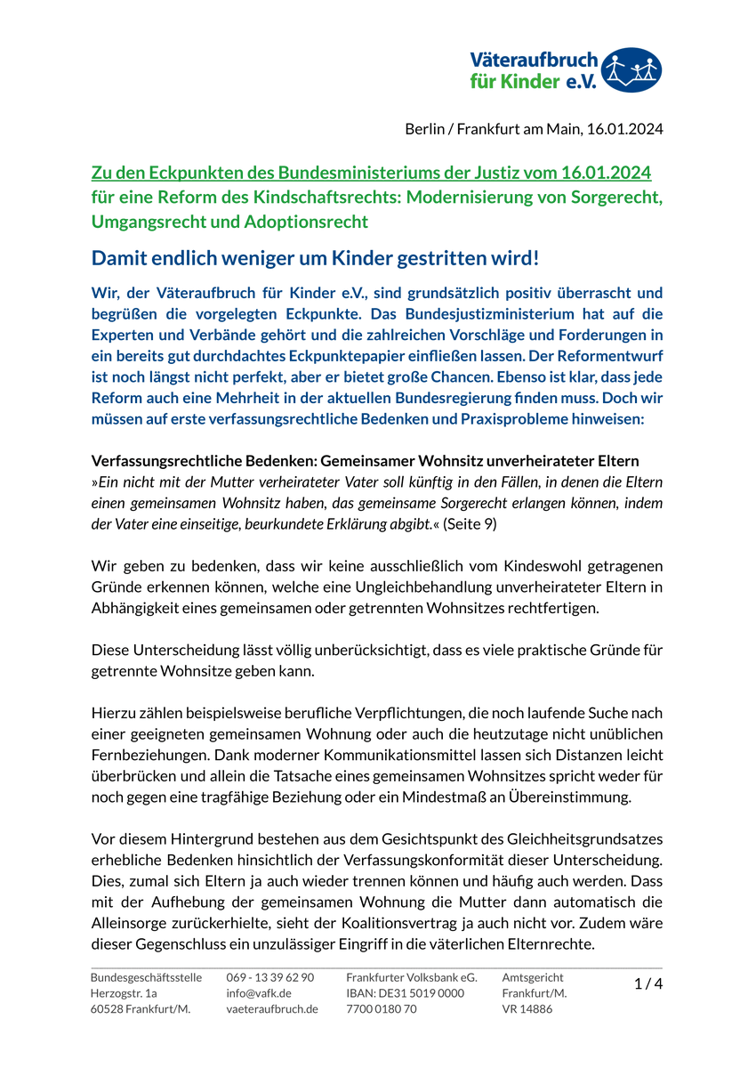 VaeteraufbruchD's tweet photo. Wir sind grundsätzlich positiv überrascht und begrüßen die vorgelegten Eckpunkte. Doch wir müssen ebenso auf erste verfassungsrechtliche Bedenken und Praxisprobleme hinweisen. #Kindschaftsrecht #Umgangsrecht #Sorgerecht @bmj_bund @MarcoBuschmann Vgl. https://t.co/2utOtr4YPr https://t.co/TD1QJCsLgm
