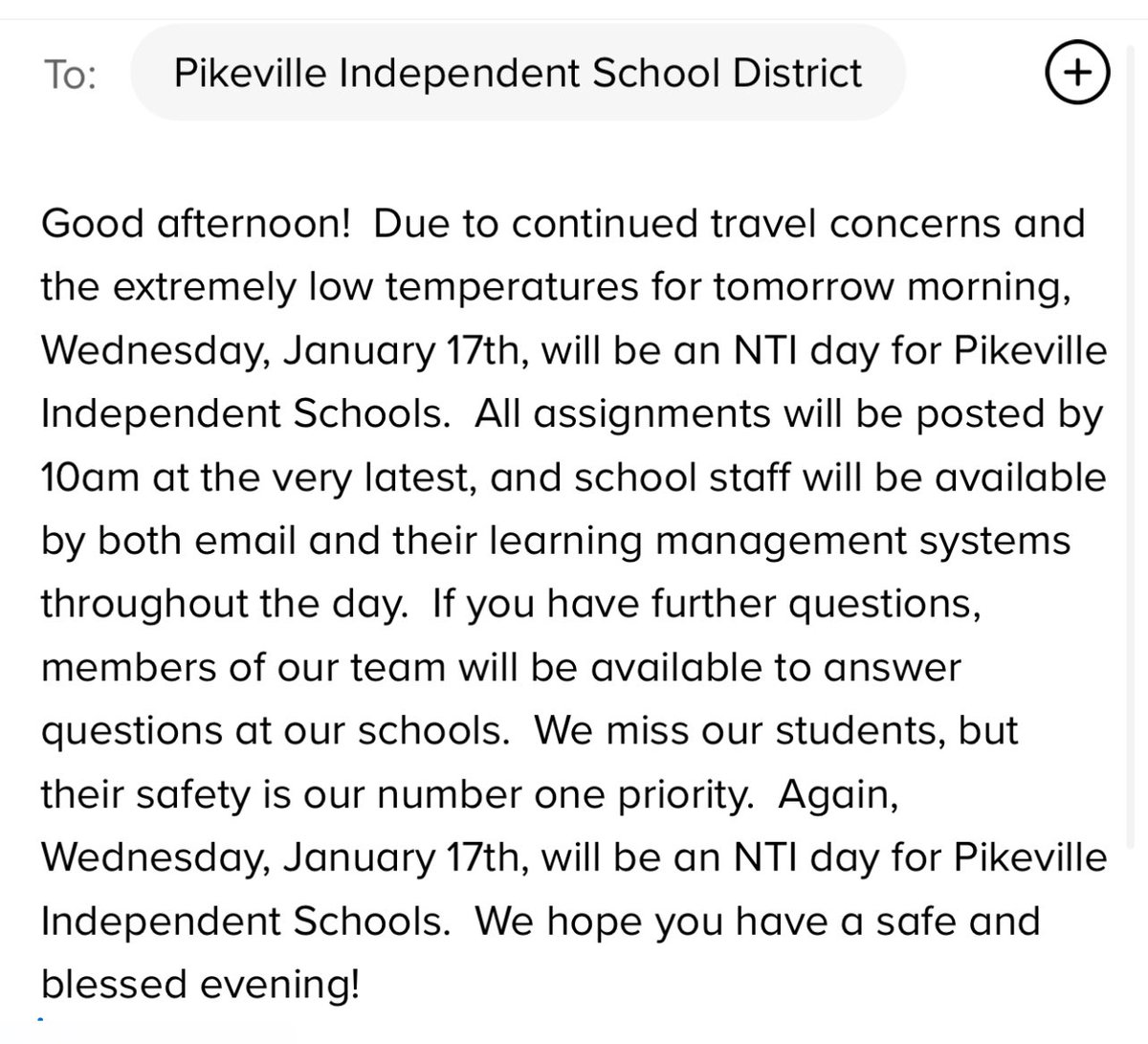 David Trimble (@dave_trimble19) on Twitter photo Good afternoon Panther Families! Please see the message below. Wednesday, January 17th, will be an NTI Day for <a href="/PikevilleInd/">Pikeville Schools</a>. Good afternoon Panther Families! Please see the message below. Wednesday, January 17th, will be an NTI Day for <a href="/PikevilleInd/">Pikeville Schools</a>.