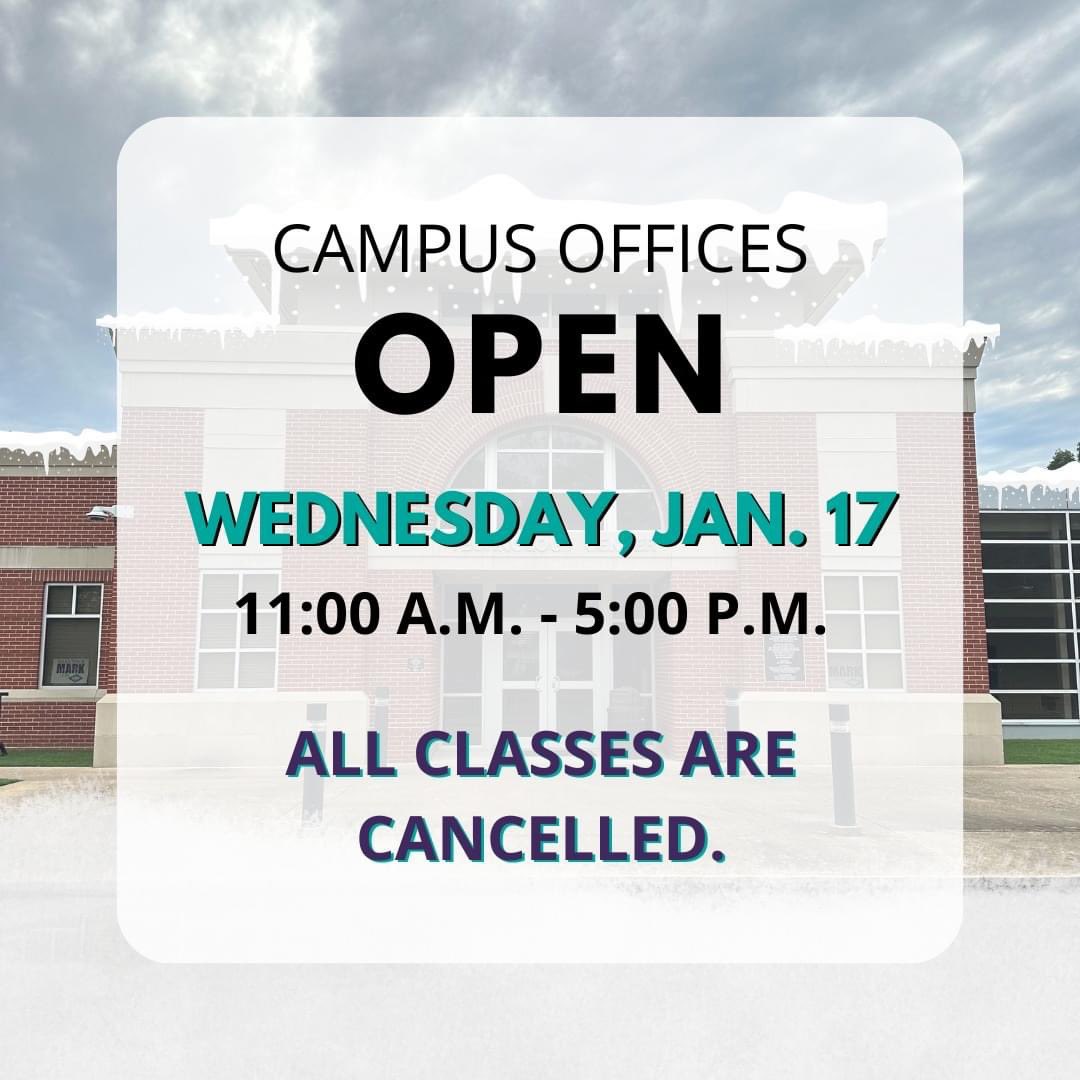 SEARK Campus offices will be open tomorrow, Wednesday, January 17th from 11:00 A.M. to 5:00 P.M. to assist students needing to enroll in Spring 2024. All classes, both online and in-person, for January 17th are cancelled.