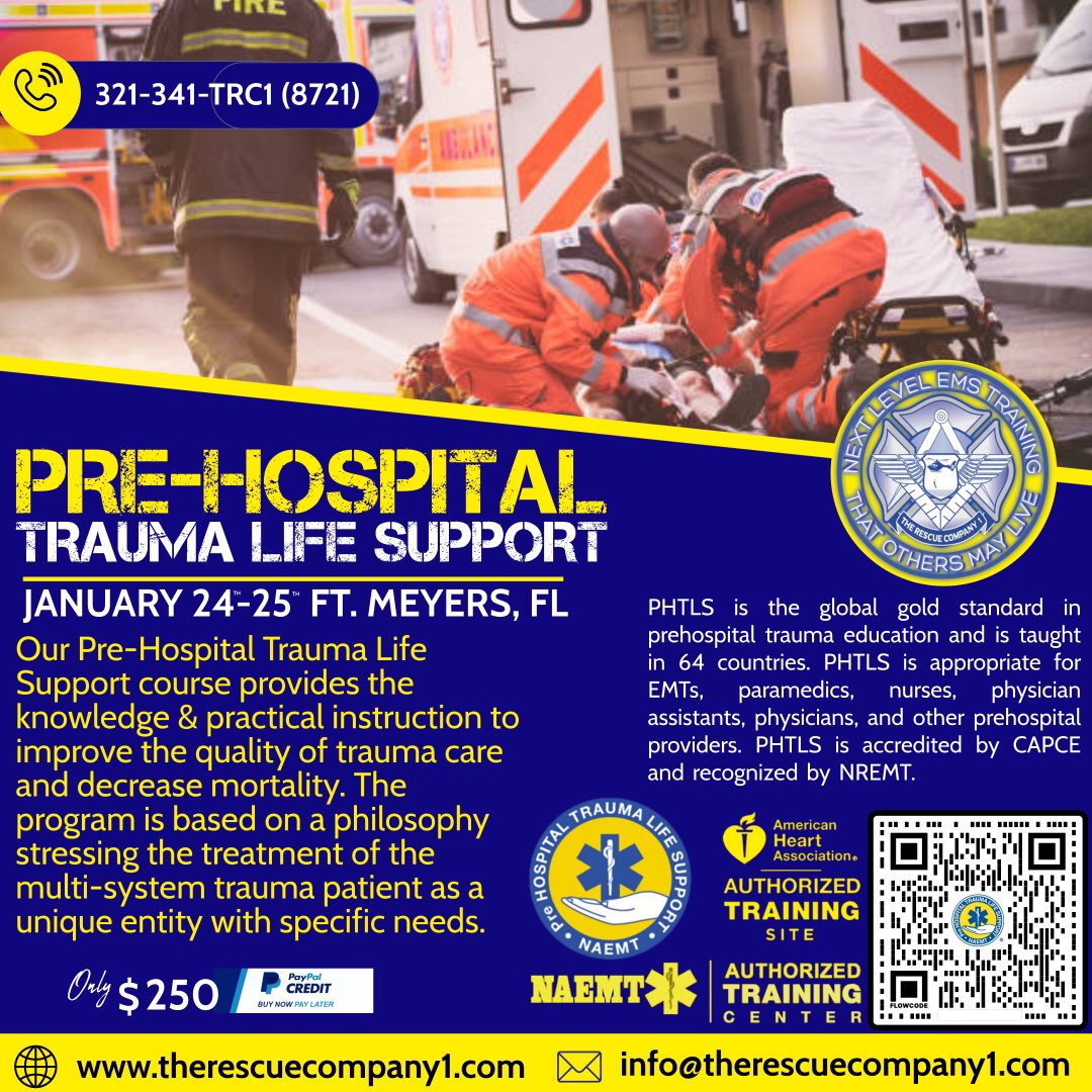 TheRescueCo1's tweet photo. If you’re involved in pre-hospital care, join us January 24th in #FtMeyers &amp; learn how to deliver excellence in #trauma patient mgmt. For more info and to register, scan the code or click: https://t.co/ADhoh6Ohss
#PHTLS #traumacare #EmergencyMedicine #traumamedicine #traumateam https://t.co/n39UHnPUDJ