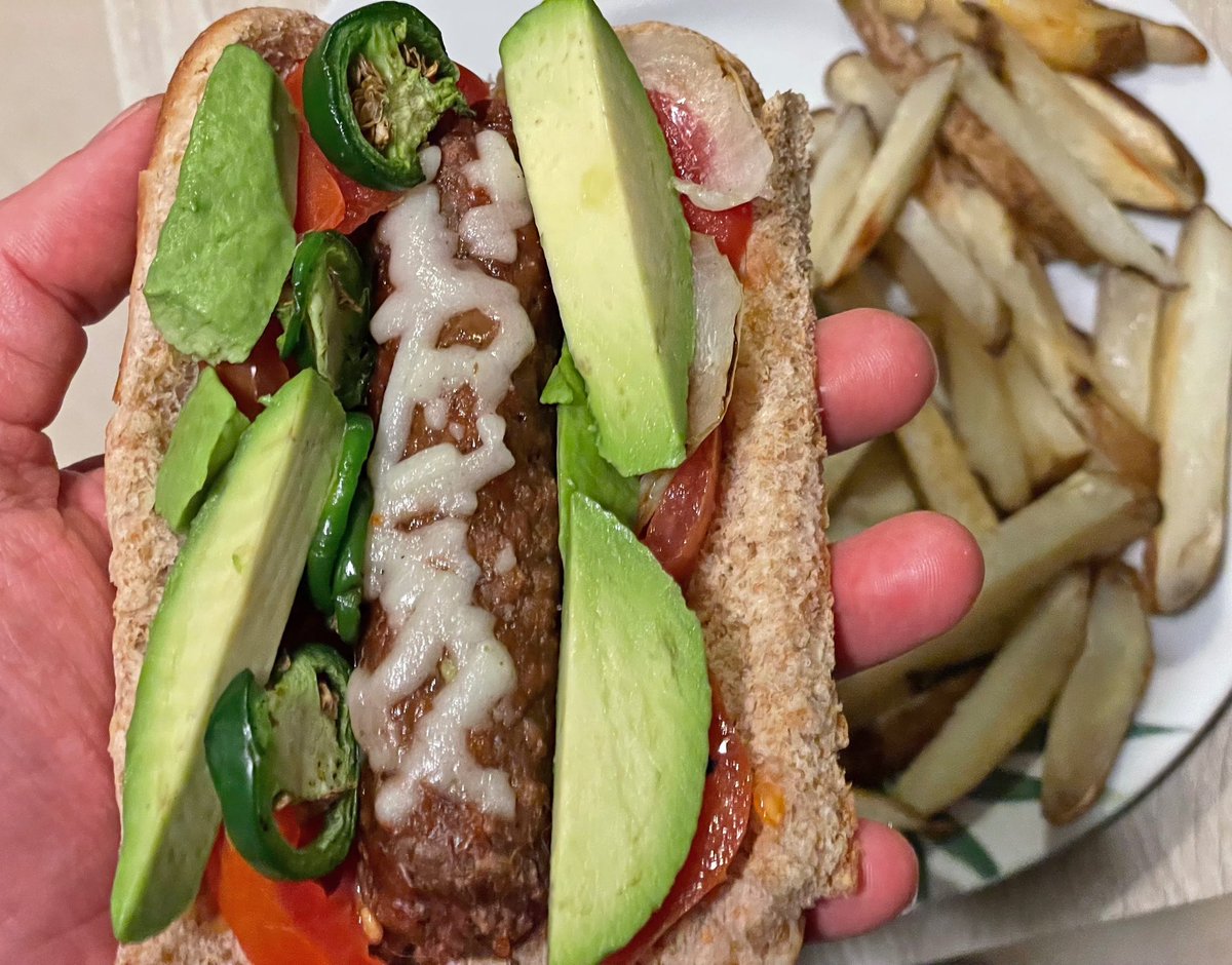 Beyond Sausage & Homemade Fries, with Avocado!! #vegan #veganism #veganfood #vegansausage #veganmeat #Avocado #avocadolover #avocadoporn #veganfoodporn #veganfoodie #fries #frenchfries #beyondmeat #beyondsausage #beyondburger #pdxvegans #portlandvegans